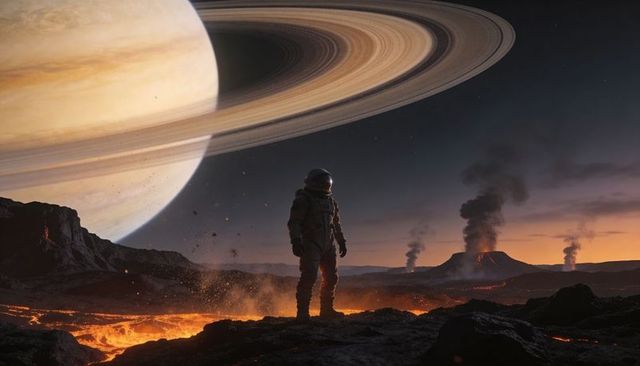 Exploring molten alien landscape beneath colossal ringed gas giant with erupting volcanoes