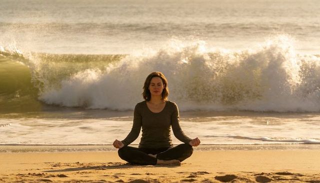 Meditating woman sitting cross-legged on sunlit beach with breaking wave at golden hour