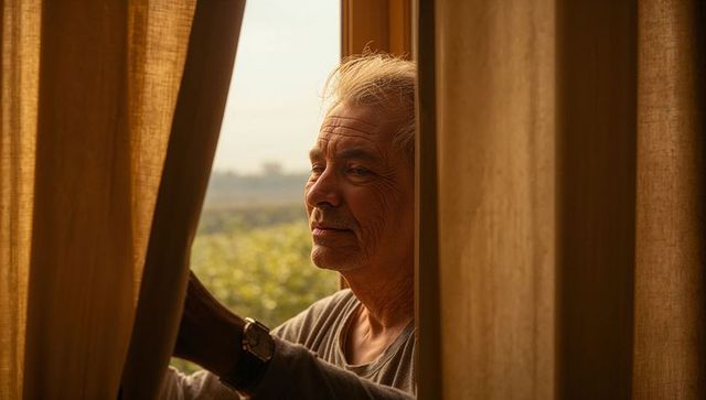 Senior man parting curtains and gazing outside during golden hour