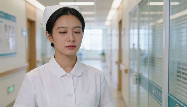 Nurse standing in hospital corridor looking thoughtful and calm, clinical healthcare professional
