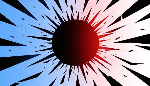 Dark orb radiating jagged shards over blue to red gradient, abstract radial burst