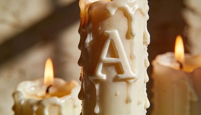 Ivory monogram candle letter a with melting wax drips and warm flickering flame