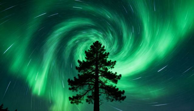 Solitary pine silhouette against swirling green aurora and long exposure star trails epic
