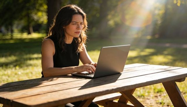 Focused woman working on laptop at sunlit park picnic table, remote work outdoors