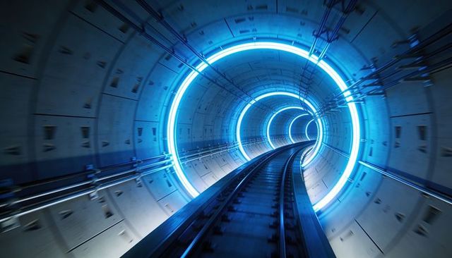 Futuristic neon-lit subway tunnel with curved tracks and glowing blue light rings