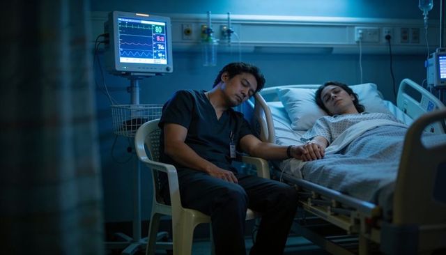 Night nurse holding patient hand beside hospital bed during quiet overnight intensive care