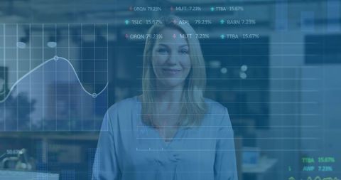 Businesswoman Analyzing Financial Data with Graph Overlay