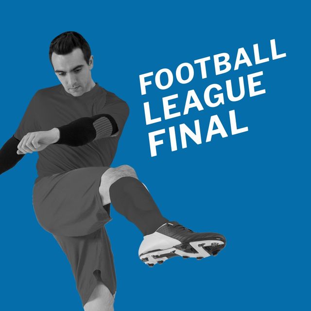 Football league final text by caucasian male football player playing over blue background. digital composite, sport, copy space, athleticism, football, competition.