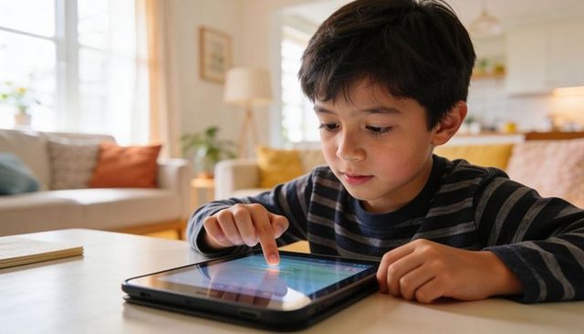 Young boy learning on tablet in cozy living room, touching screen, digital education
