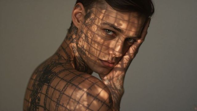 Moody tattooed male portrait with grid shadow casting dramatic light on bare torso