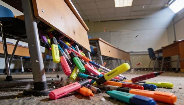Neon Highlighters Tumbling Under Classroom Desk in Sunbeam, Colorful Stationery Chaos