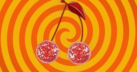 Disco Ball Cherry Pop Art against Psychedelic Spiral