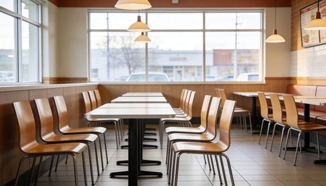Sunlit modern fast-casual dining interior with rows of wooden chairs and pendant lights