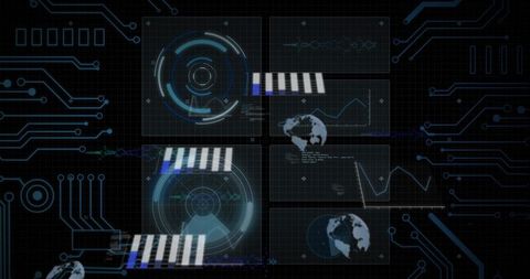 Displaying six-panel holographic HUD cluster with neon circuit grid and radar charts