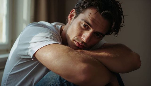 Sunlit young man leaning and contemplating near window in intimate warm natural light