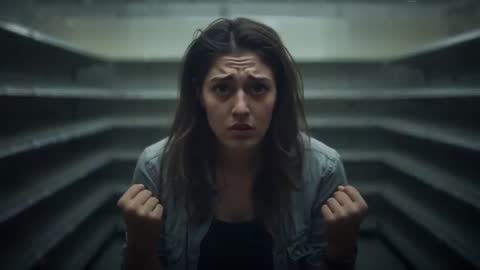 Woman Clenching Fists and Staring Through Fear in Empty Curved Storage Racks Close-up