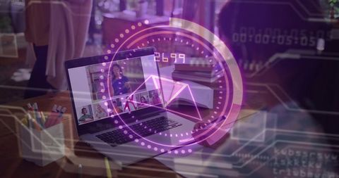 Remote team collaborating on virtual meeting with holographic HUD overlay on laptop
