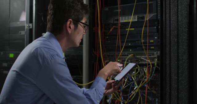 Male IT technician working on computer servers with tablet. Encompassed by colorful cables and server racks. Useful for concepts related to IT support, technology maintenance, network engineering, and professional work in a datacenter.