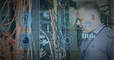 Technician Troubleshooting with Futuristic Digital Interface Overlay - Download Free Stock Images Pikwizard.com