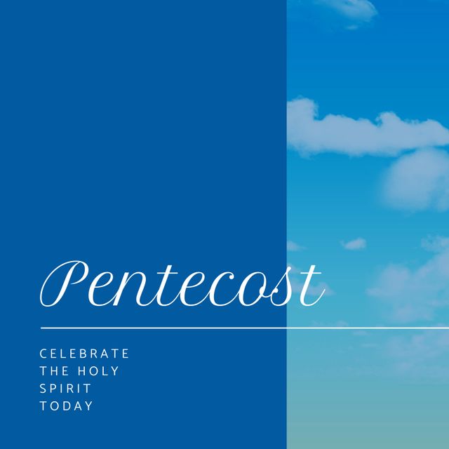 Modern, eye-catching Pentecost celebration banner with white text on blue and cloudy sky background. Great for church event promotions, social media ads, and religious community announcements. Clean and vibrant design emphasizes spiritual reflection and unity.