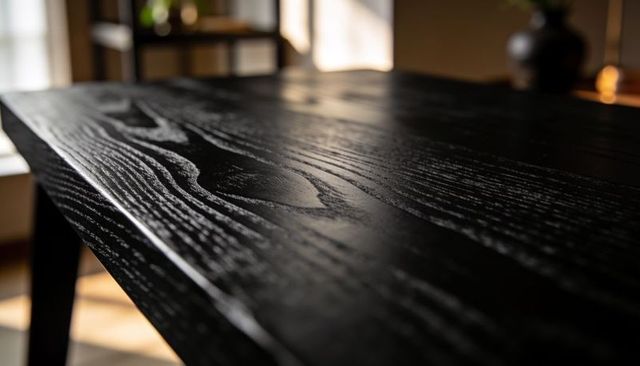 Moody black oak tabletop highlighting raised grain and matte finish in sunlight