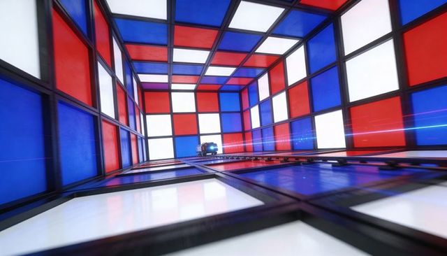 Neon cube corridor glowing red blue white grid with reflective rails and tracked drone