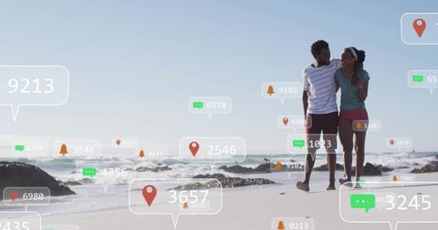 Couple walking on beach with digital location pins and social media notification overlays