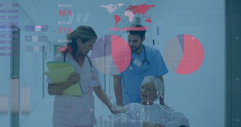 Medical Professionals Discussing Patient Care with Data Overlay