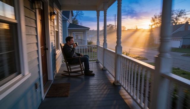 Man sipping coffee on porch rocking chair during golden sunrise in quiet suburb