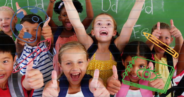Image of school icons over school children in classroom - Download Free Stock Photos Pikwizard.com
