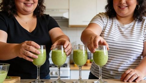 Friends serving green smoothies in wine glasses on kitchen counter healthy brunch moment