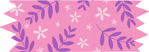 Pink scalloped ribbon with daisies and purple leaves on transparent background