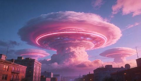 Triple neon halo clouds hovering over pastel urban skyline at twilight
