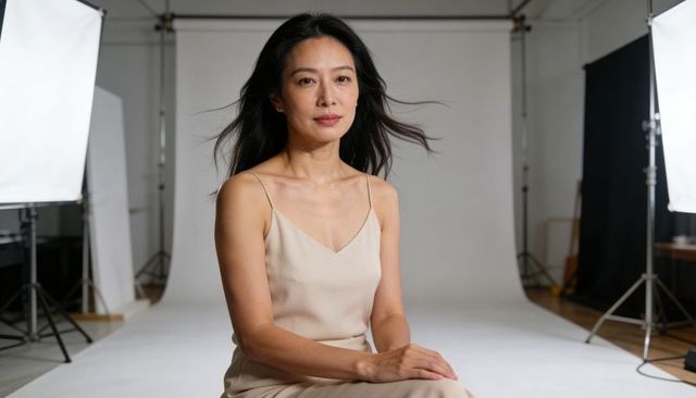 Sitting asian woman wearing beige slip dress posing in studio with softbox lights