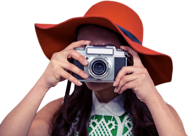 Fashionable Woman with Bold Hat Taking Photo Using Vintage Camera on Transparent Background - Download Free Stock Videos Pikwizard.com