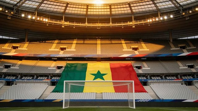 Giant senegal flag draping stadium stands behind football goal in golden light