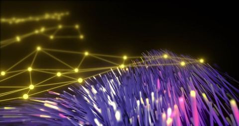 Flowing purple fiber strands with glowing yellow nodes for futuristic data network concept