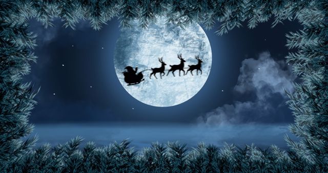 Silhouette of Santa Claus with reindeer pulling a sleigh against a big, bright moon surrounded by framed leaves. Perfect for holiday greeting cards, festive wallpapers, Christmas decor, or promotional holiday events emphasizing festive spirit and winter magic.