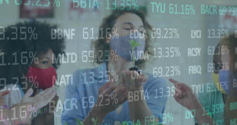 Teacher and Children with Sprout Amid Digital Data Visualization