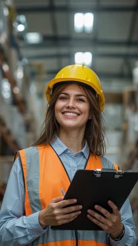 Vertical warehouse supervisor wearing hard hat noting inventory on clipboard and smiling