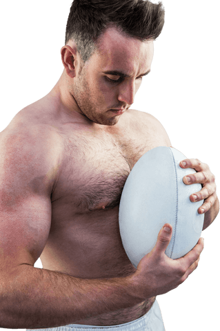 Shirtless Athlete Holding Rugby Ball With Transparence