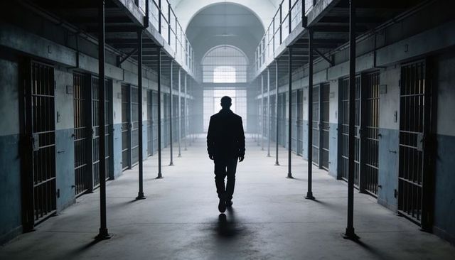 Walking silhouette heading down prison cell block corridor backlit moody solitary figure