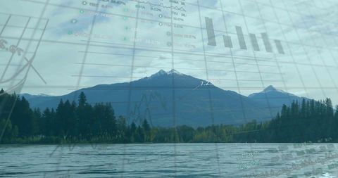 Nature and analytics: mountains reflected on lake and digital charts