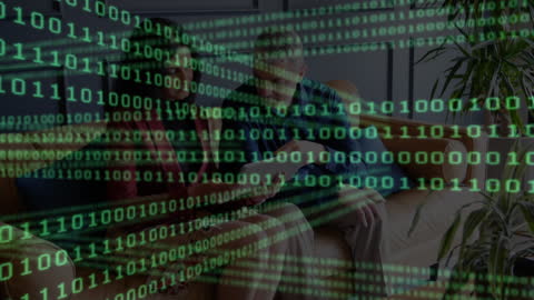 Binary Code Overlay on Business Discussion in Modern Office