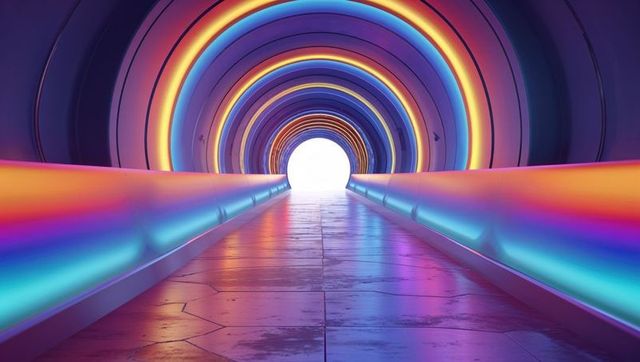 Futuristic neon corridor with glowing arches and led railings