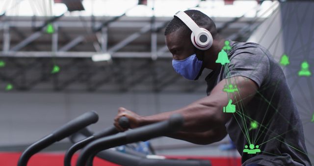 Fit African American Man at Gym with Digital Network Overlay - Download Free Stock Images Pikwizard.com