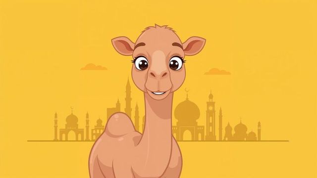 Charming cartoon camel with middle eastern mosque silhouette