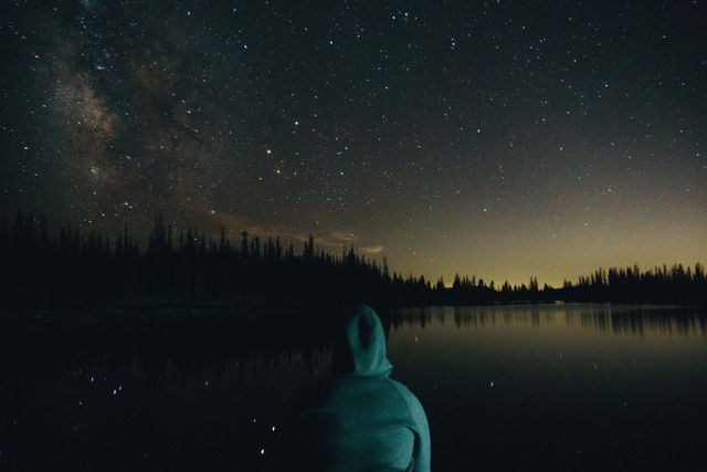 Person is gazing at numerous stars and the Milky Way in a clear night sky over a still lake. Scene suggests peace and tranquility, beautiful for depicting solitude, relaxation, and nature. Ideal for projects involving astronomy, outdoor adventures, meditation, and environmental awareness.
