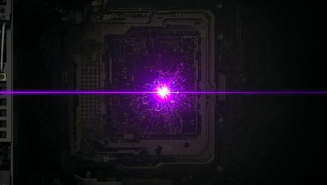Magenta laser pulse emitting from central chip causing sparks across dark motherboard