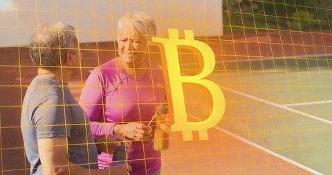 Active Senior Couple Engages in Tennis on Digital Bitcoin Grid